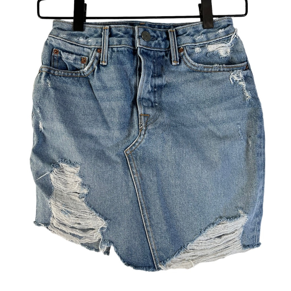 Grlfrnd Denim Rhoda Mini Skirt Blue Distressed Denim 5-Pockets USA 24 New